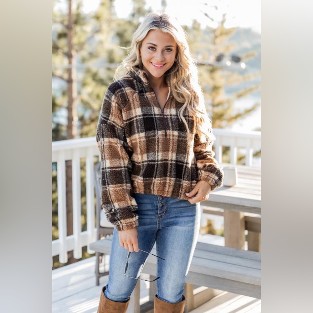ROMWE 🤎 1/2 Zip Crop Plaid Teddy Jacket - Picture 7 of 14